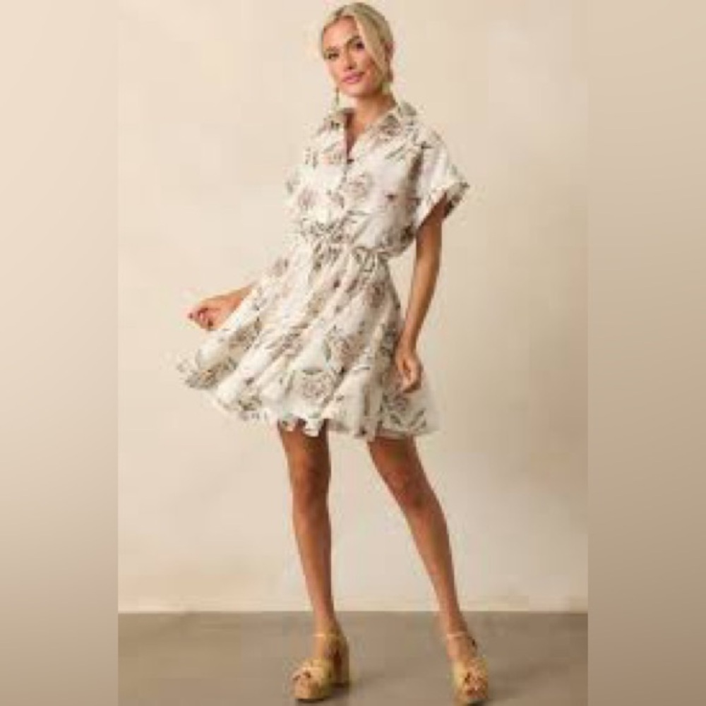 Aakaa Floral Linen-Blend Mini Dress - Cream & Brown - Size Small - NWT